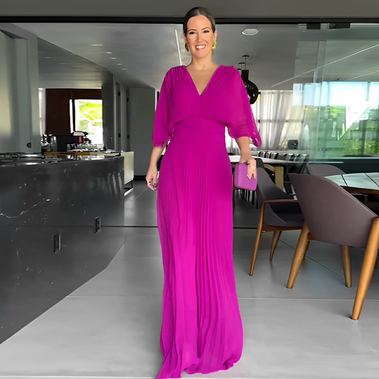 VESTIDO PLISADO - MANGAS MURCIÉLAGO Y CINTURA CEÑIDA