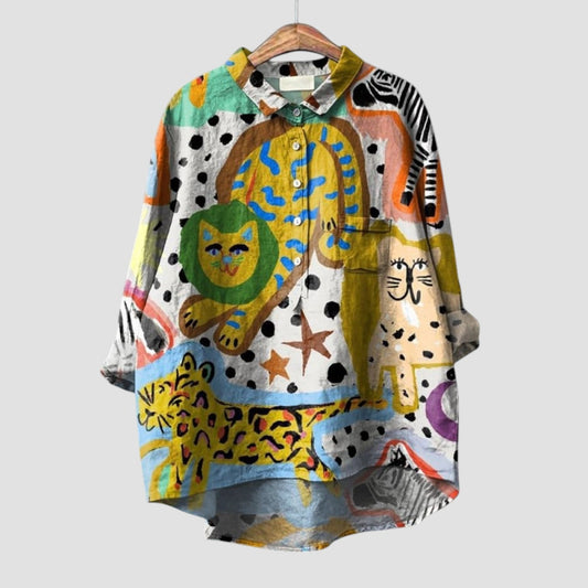 Celestina | Camisa oversized con estampado de felinos coloridos