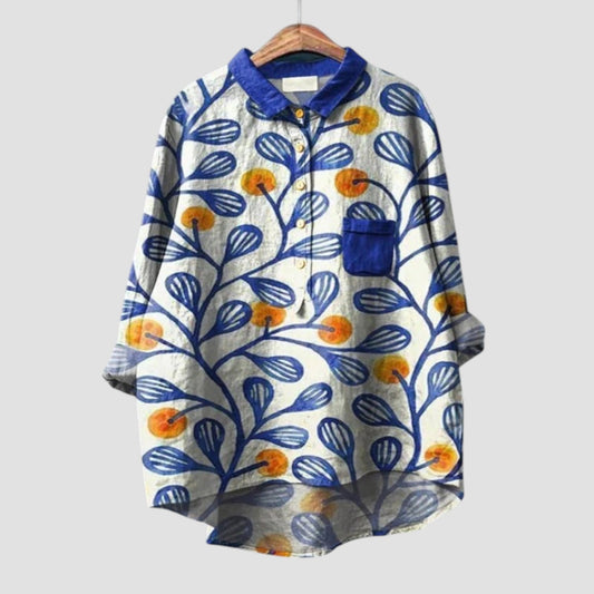 Clarissa | Camisa oversize con estampado de hojas en azul y amarillo