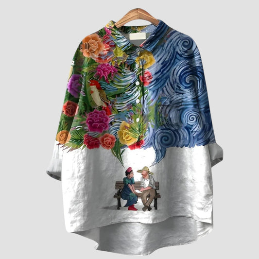 Ginevra | Camisa oversize con escena ilustrada y flores pintadas