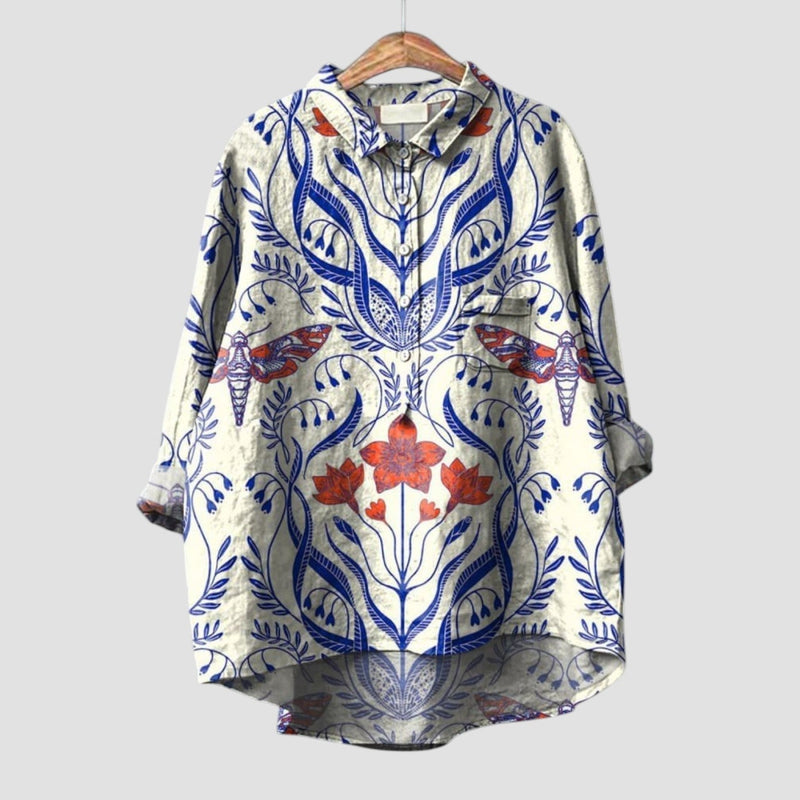 Ivana | Camisa oversize con estampado floral y insectos estilizados