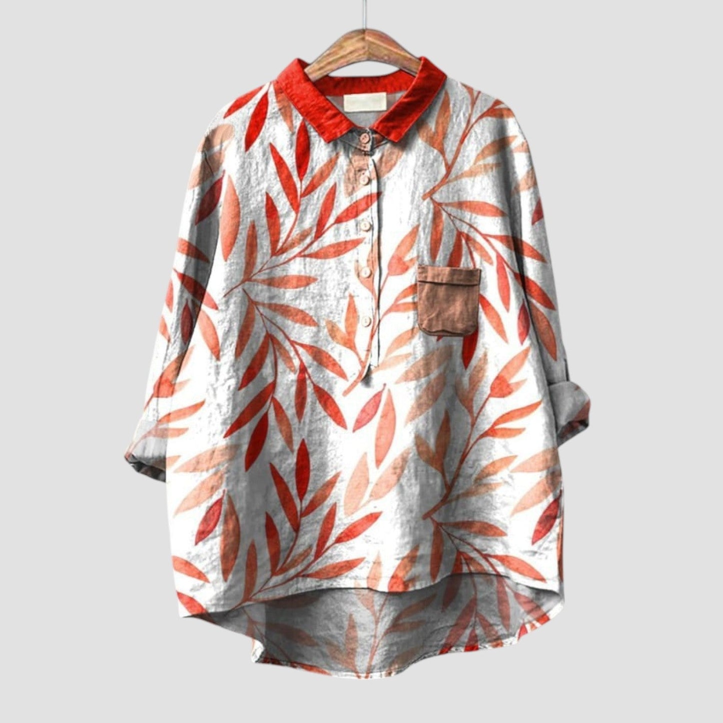 Marcella | Camisa oversized con estampado de hojas rojas y beige