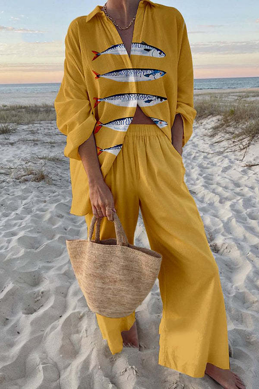 Conjunto de Lino estampado sardinas amarillas