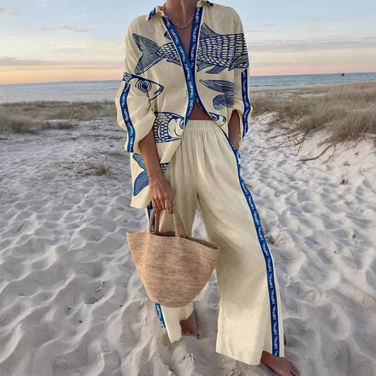Conjunto de Lino estampado peces azules