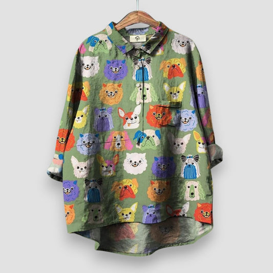 Palmira | Camisa oversize con estampado de cabezas de perros multicolores