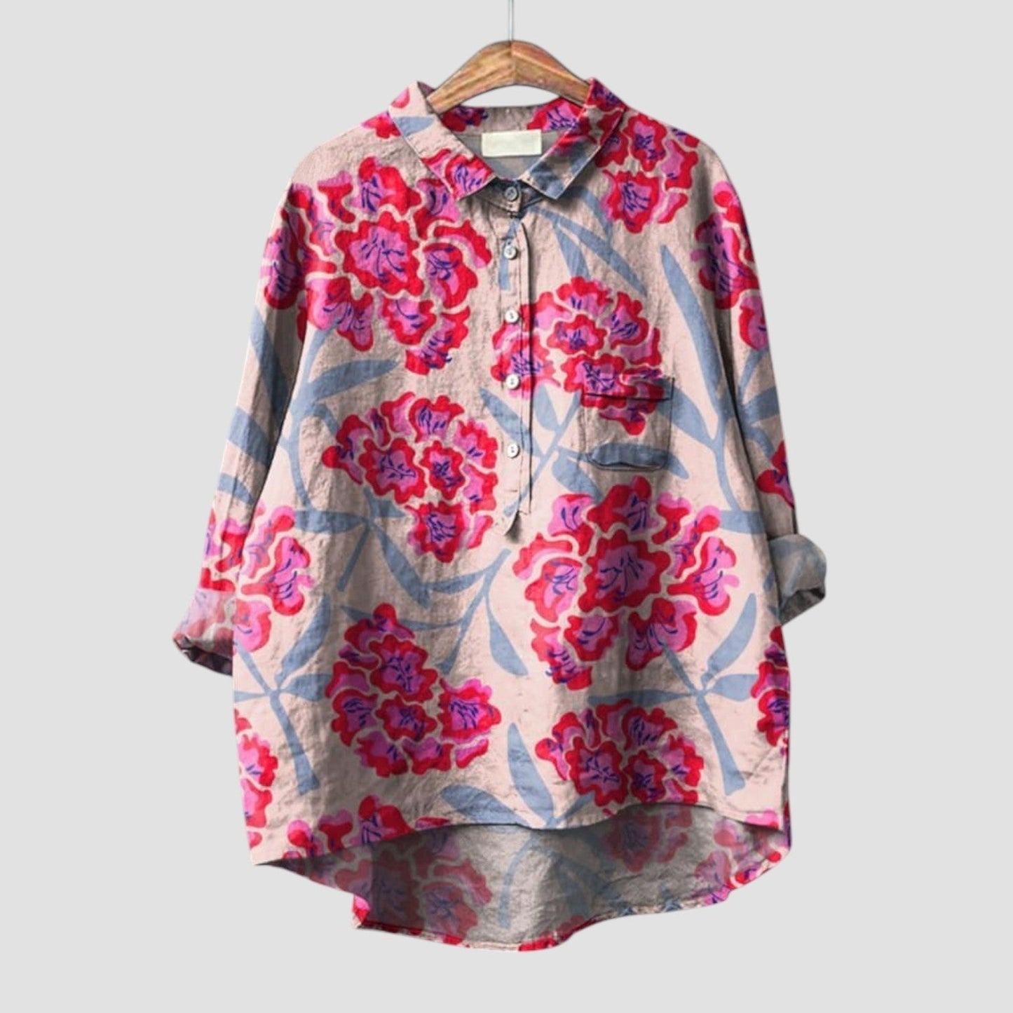 Renata | Camisa oversize con estampado floral rojo y violeta