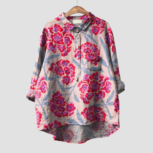 Renata | Camisa oversize con estampado floral rojo y violeta