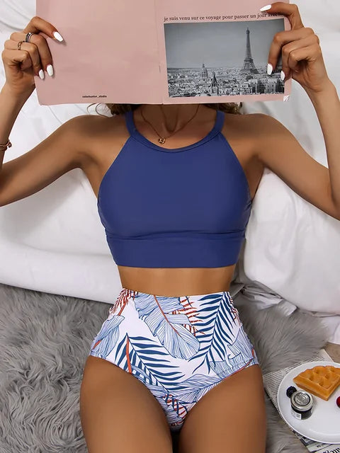 Nora - Conjunto de bikini tropical de cuello alto