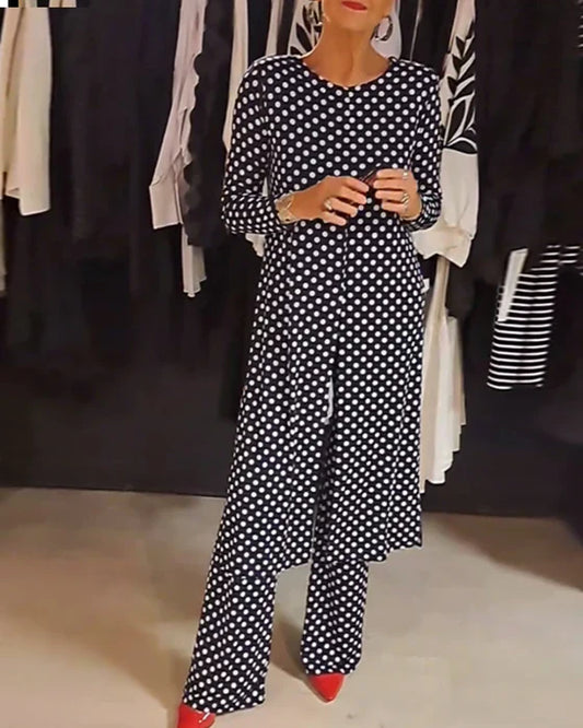 JULIETA 2 PIEZAS - TRAJE ELEGANTE DE LUNARES CON ABERTURA
