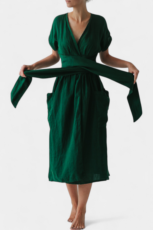 Cressida Vestido de Lino con Escote en V y Cintura Ajustable