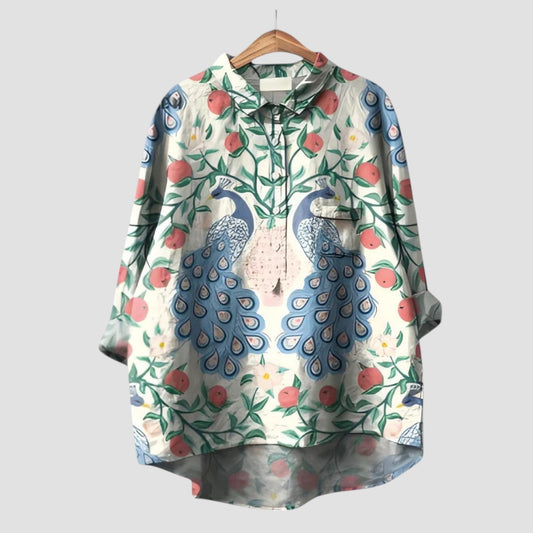 Ornella | Camisa oversize con estampado de pavos reales y follaje frutal