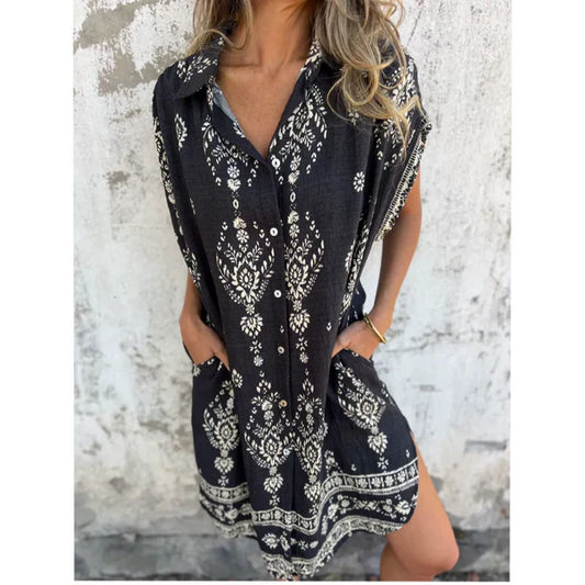 Eva Vestido Clásico de Algodón y Lino con Estampado – Elegancia Natural y Confort Diario